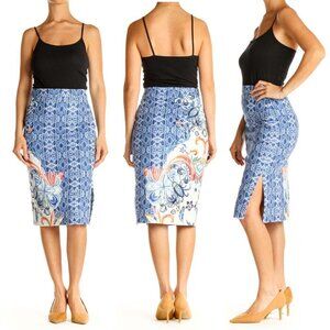 Anthropologie Moulinette Souers Blue Floral Paisley Midi Pencil‎ Skirt Sz 0